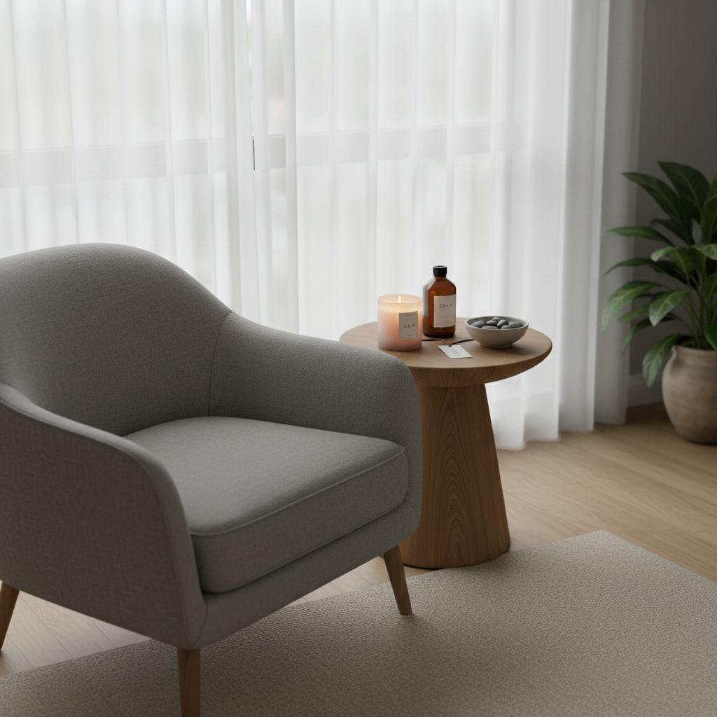A tranquil corner of a wellness studio designed for deep relaxation. A plush, dove-grey armchair with subtle woven texture sits angled beside a low oak side table holding a lit soy candle in frosted glass, a small bowl of polished river stones, and an amber glass bottle labeled with a minimalist “calm” tag. Behind, sheer white curtains soften the outline of a large window, filtering diffused overcast light that creates velvety shadows and a peaceful glow. Photographic realism, composed using the rule of thirds from a slightly elevated angle, emphasizing negative space and simplicity. The atmosphere is serene, safe, and gently luxurious, perfectly suited to represent a space for anxiety reduction and quiet introspection at a professional wellness practice.