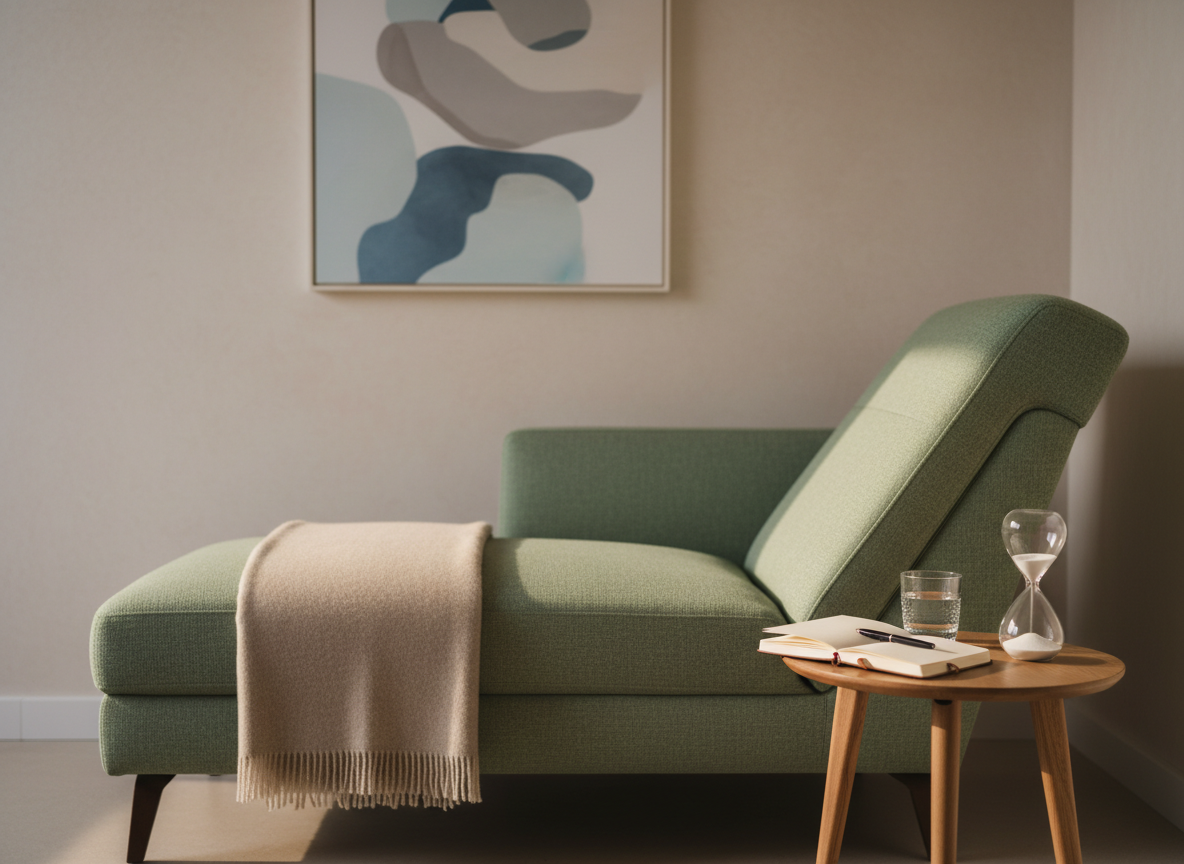 A serene hypnotherapy environment featuring a reclined, cushioned chaise in soft eucalyptus green fabric, its surface subtly textured and inviting. A light wool throw in muted beige is folded at the foot, and a small side table holds a glass of water, a notebook, and an hourglass with fine white sand. The background shows a pale, textured wall with a single abstract art piece in calming blues and neutrals. Warm, indirect afternoon light enters from the right, creating soft highlights on the fabric and a gentle gradient of shadows. Photographic realism, captured from a side-on perspective with shallow depth of field, focusing on the chaise details while the artwork and wall remain softly blurred. The mood is deeply calming, professional, and supportive, ideal for communicating therapeutic transformation.