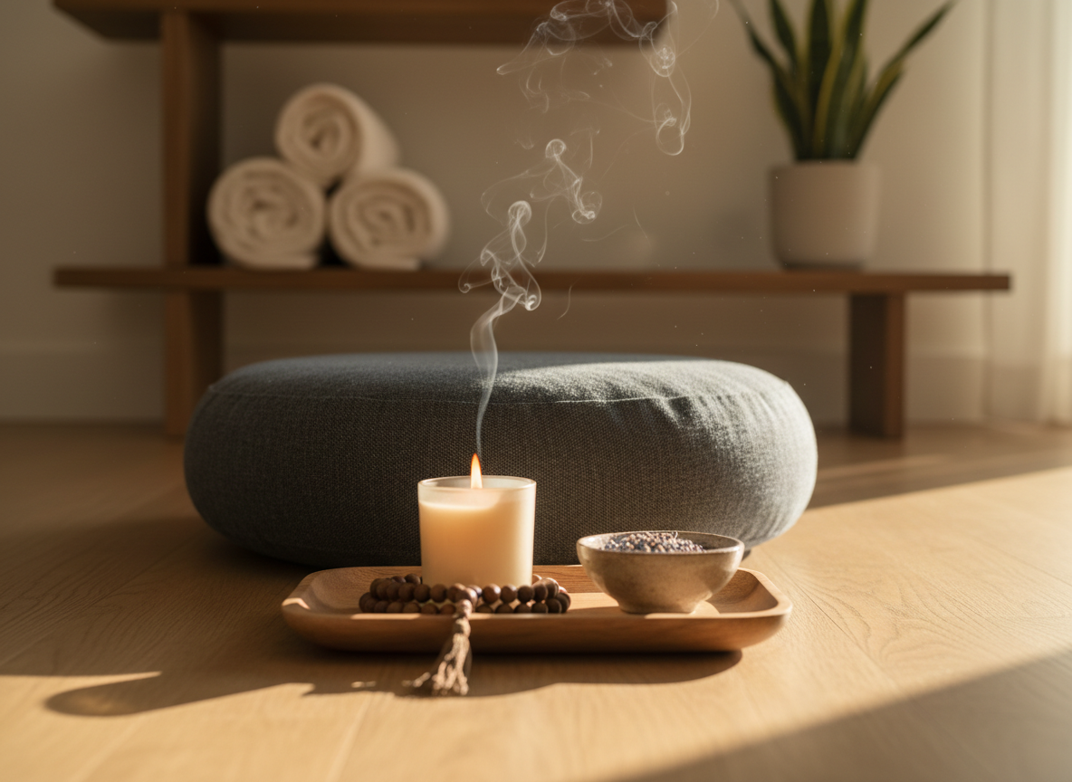An intimate meditation setup on a smooth oak floor, centered around a round, charcoal-grey meditation cushion with visible linen weave. In front of the cushion, a small, low wooden tray holds a single beeswax candle in a simple glass holder, a string of mala beads coiled neatly, and a tiny bowl of lavender buds. In the background, a minimalist shelf holds neatly rolled cream-colored blankets and a single green plant, softly out of focus. Early evening golden hour light slants in from the right, illuminating wisps of candle smoke and creating a warm, tranquil glow. Photographic realism, shot from a low angle at cushion height with a shallow depth of field, emphasizing tactile textures and stillness. The mood is grounded, sacred, and gently focused, ideal for representing guided meditation sessions.